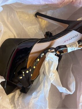 JustFab Black Patent Platform Stiletto Heels with Studded Ankle Strap and Bow